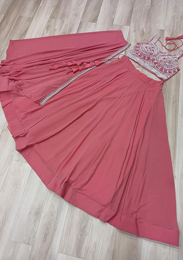Peach Embroidery Georgette Lehenga Set - Indya