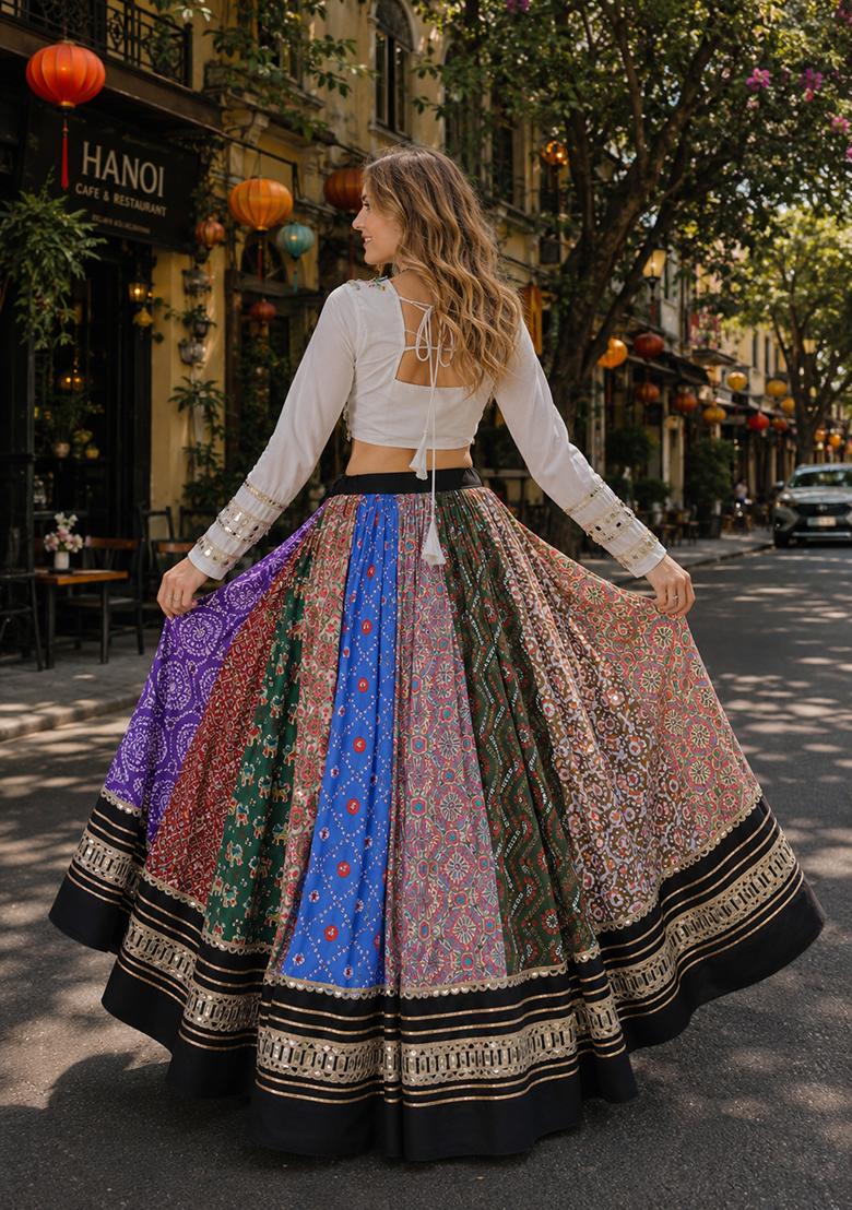 Multicolor Embroidery Cotton Lehenga Set - Indya