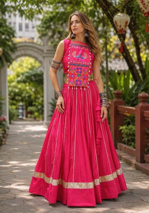 Red Embroidery Cotton Chaniya Choli Set For Navratri And Garba