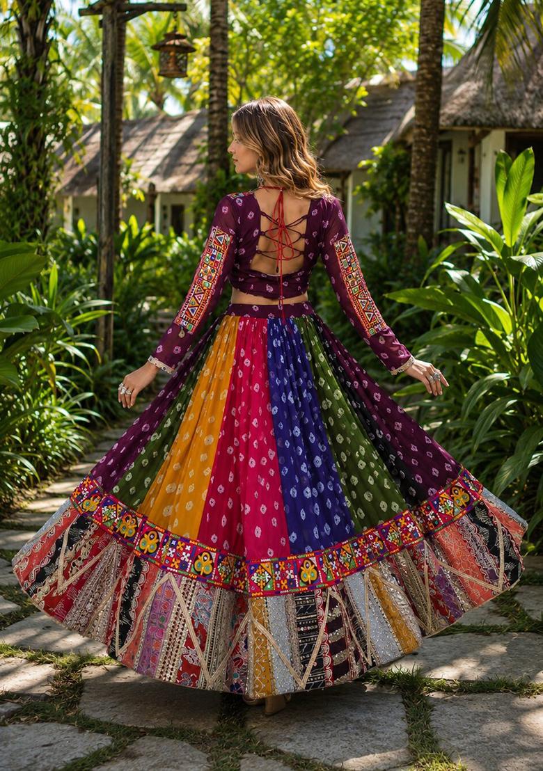 Multicolor Embroidery Georgette Lehenga Set - Indya