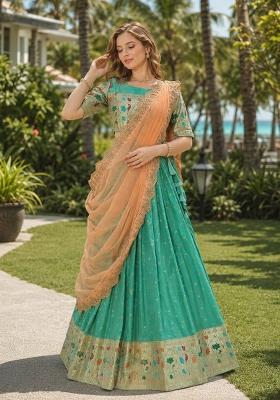 Blue Weaved Cotton Lehenga Set