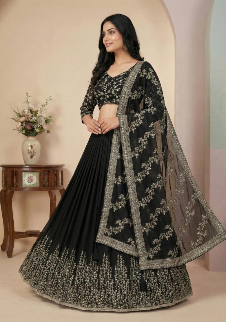 Black Embroidery Georgette Lehenga Set - Indya