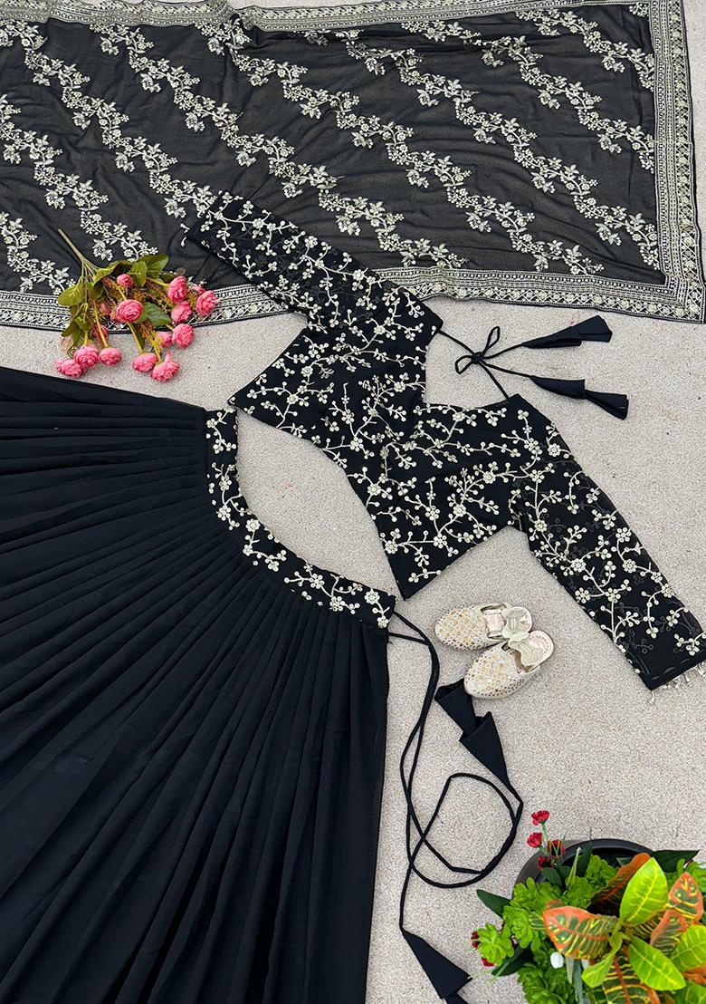 Black Embroidery Georgette Lehenga Set - Indya