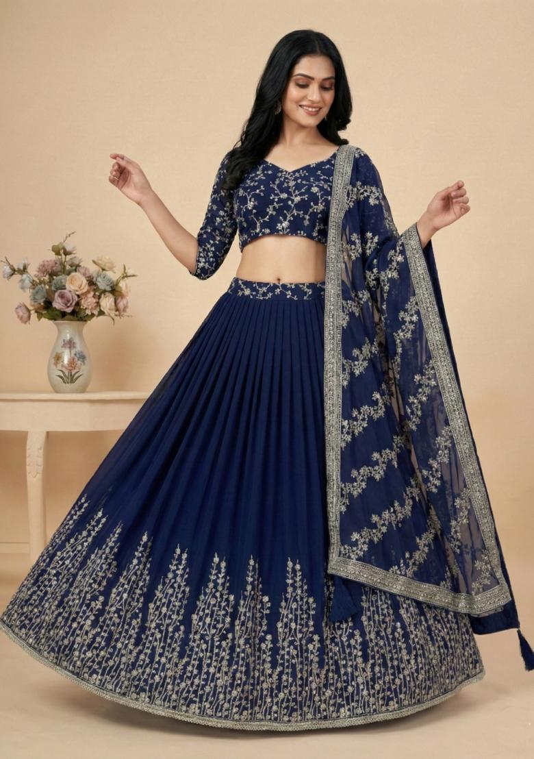 Blue Embroidery Georgette Lehenga Set - Indya