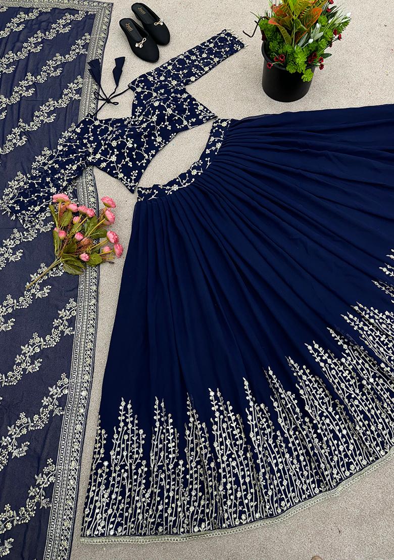 Blue Embroidery Georgette Lehenga Set - Indya