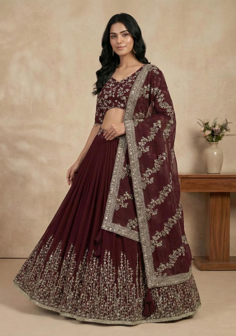 Maroon Embroidery Georgette Lehenga Set - Indya