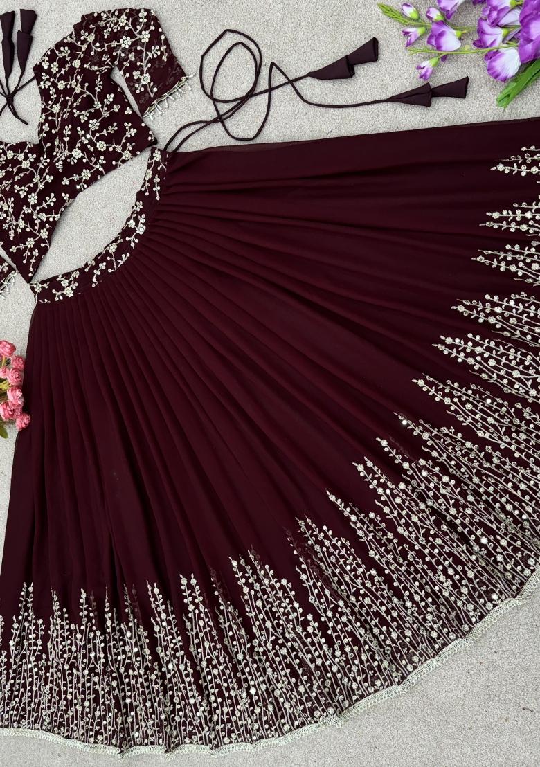 Maroon Embroidery Georgette Lehenga Set - Indya