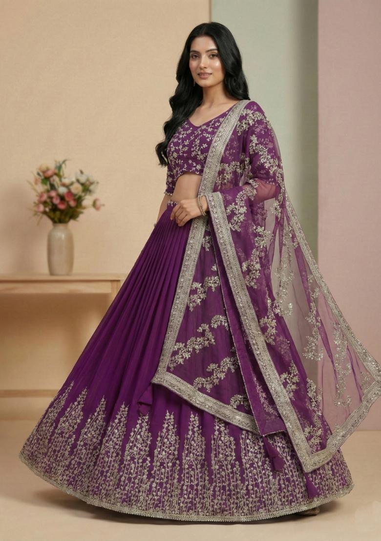 Purple Embroidery Georgette Lehenga Set - Indya
