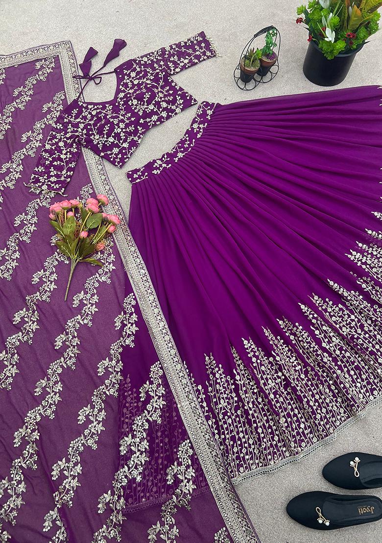 Purple Embroidery Georgette Lehenga Set - Indya