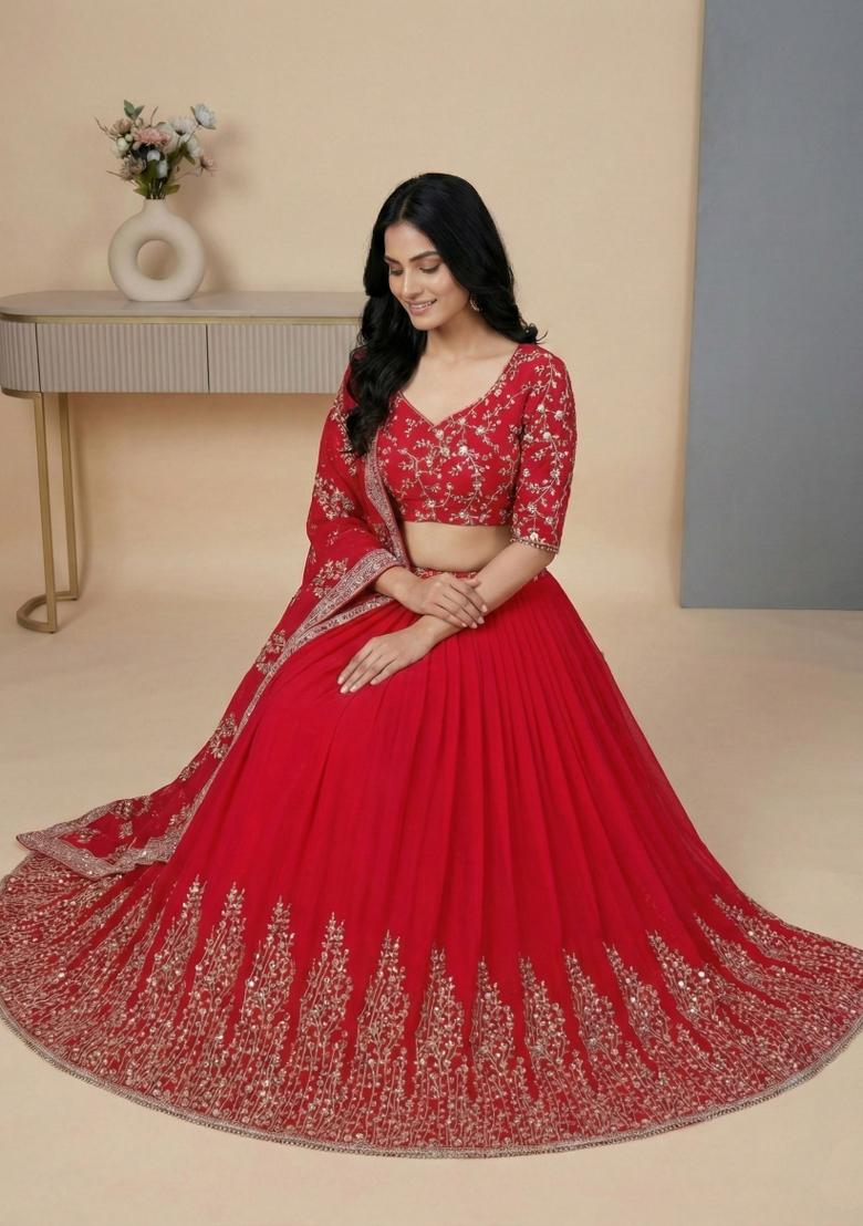 Rani Pink Embroidery Georgette Lehenga Set - Indya