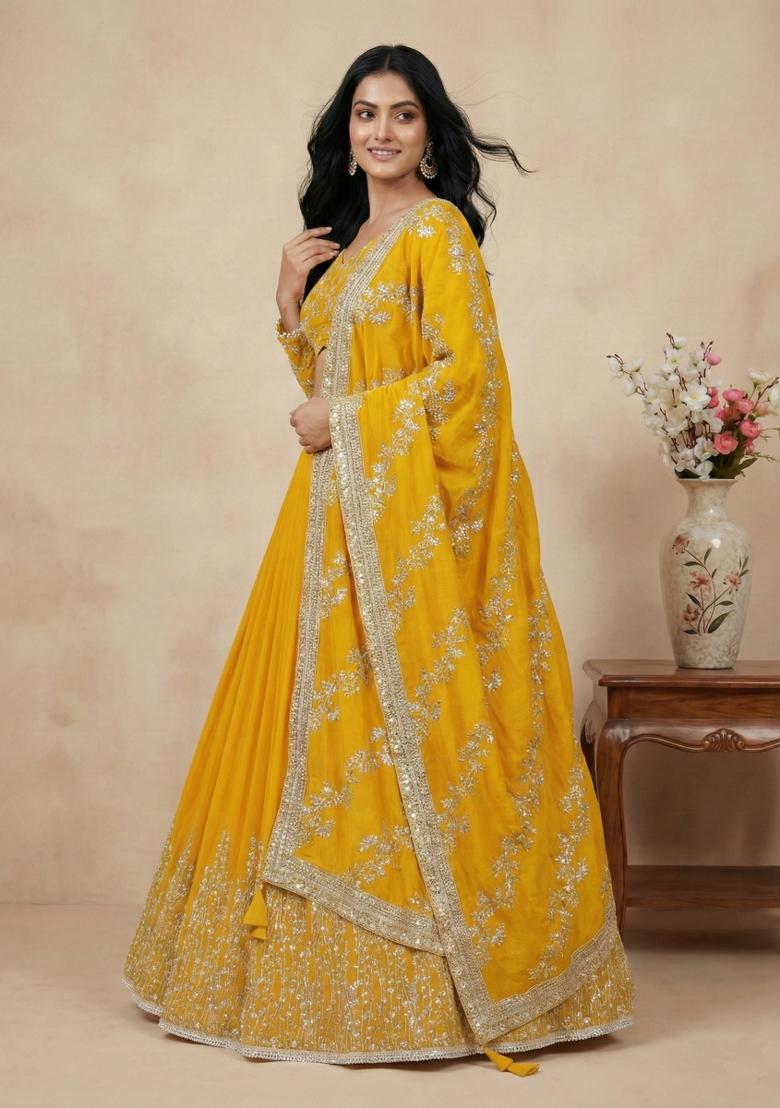 Yellow Embroidery Georgette Lehenga Set - Indya