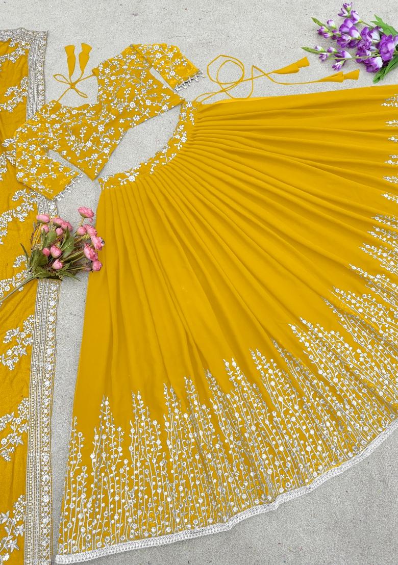 Yellow Embroidery Georgette Lehenga Set - Indya