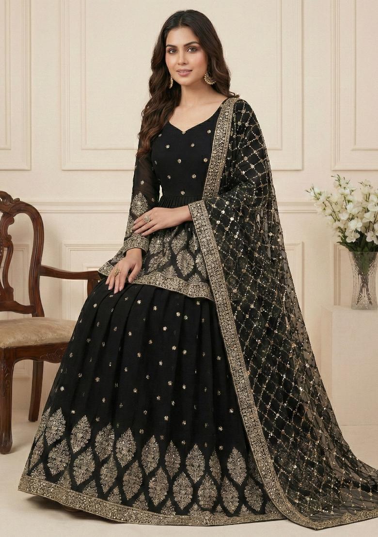 Black Embroidery Georgette Lehenga Set - Indya