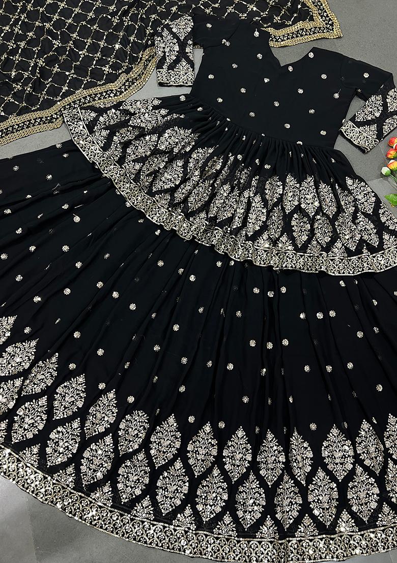 Black Embroidery Georgette Lehenga Set - Indya