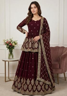 Maroon Embroidery Georgette Lehenga Set