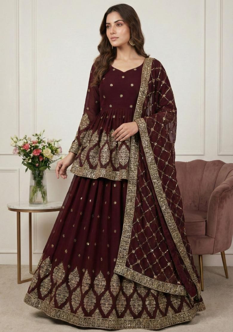 Maroon Embroidery Georgette Lehenga Set - Indya