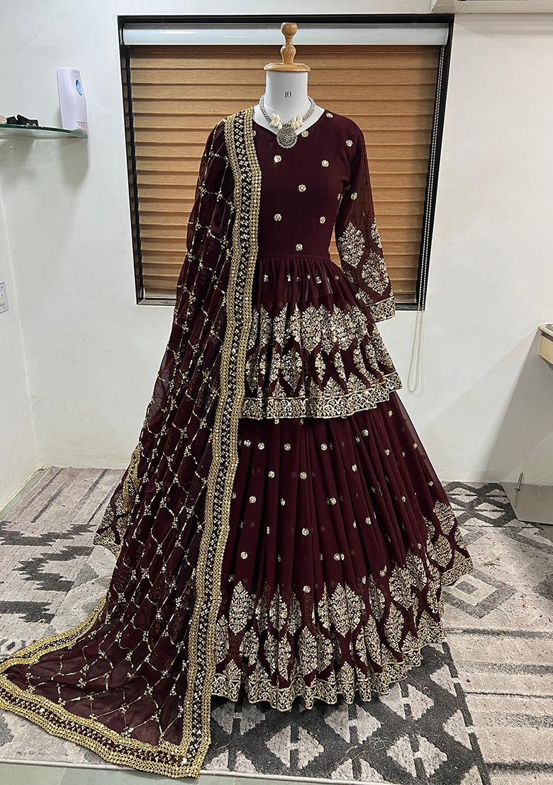 Maroon Embroidery Georgette Lehenga Set - Indya