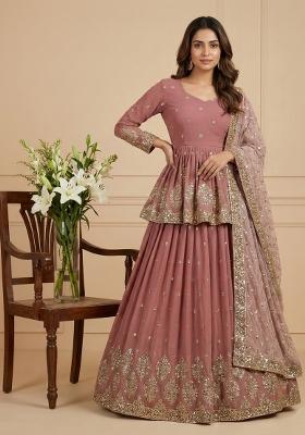 Peach Pink Embroidery Georgette Lehenga Set