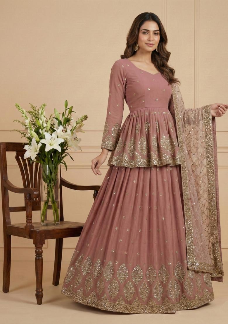 Peach Pink Embroidery Georgette Lehenga Set - Indya
