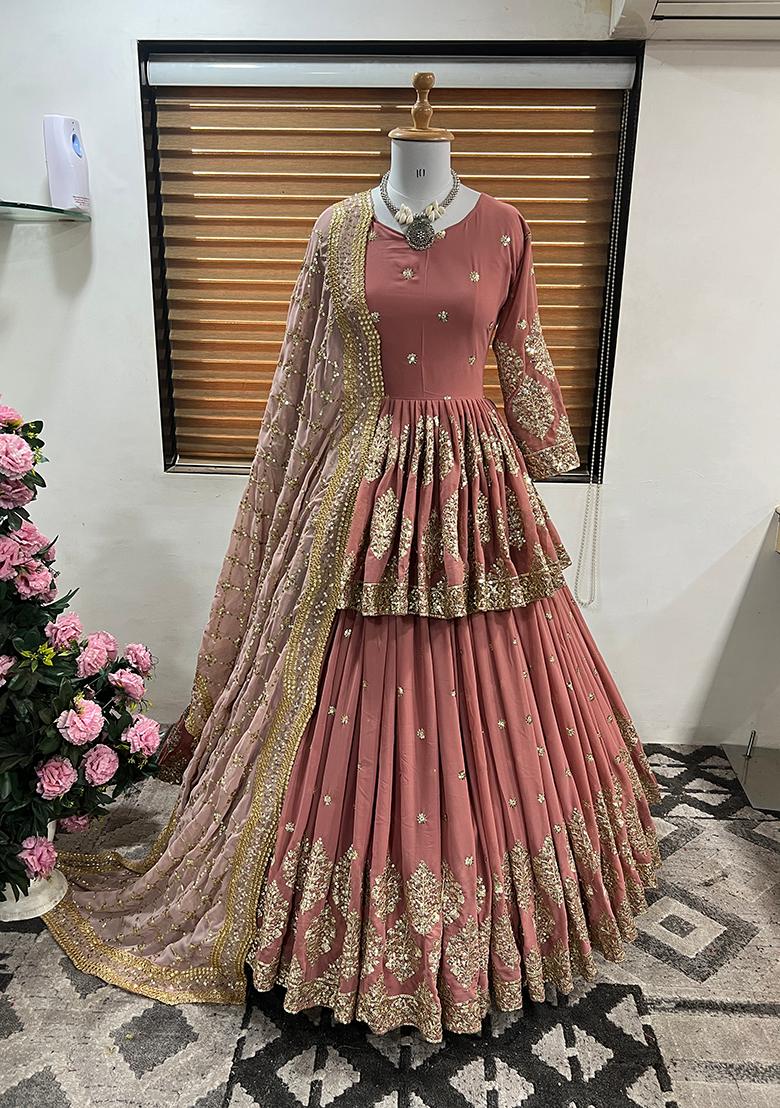 Peach Pink Embroidery Georgette Lehenga Set - Indya