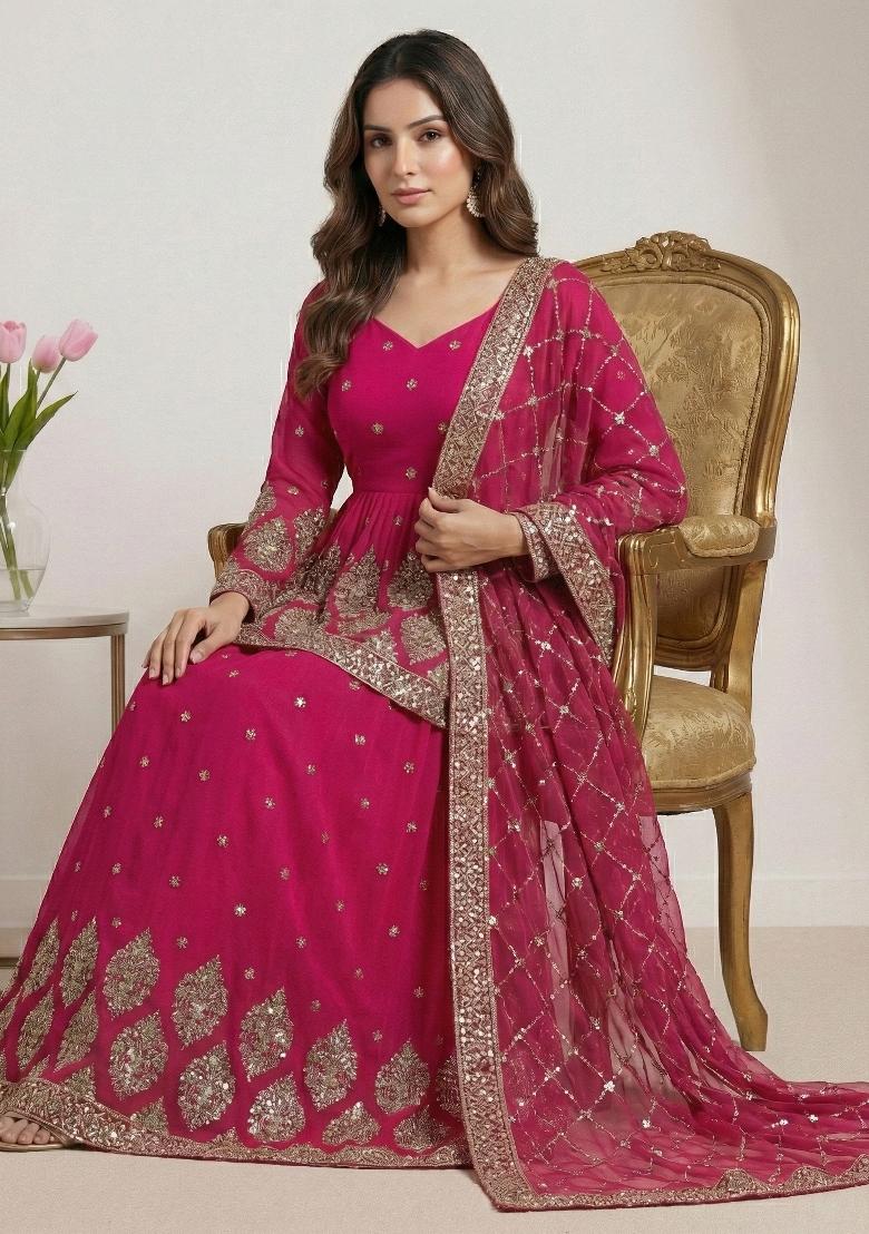 Rani Pink Embroidery Georgette Lehenga Set - Indya