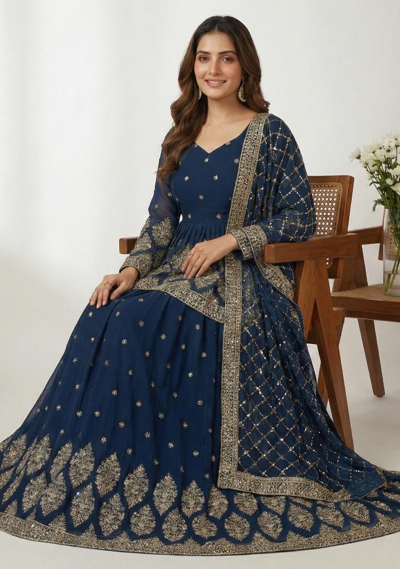 Blue Embroidery Georgette Lehenga Set - Indya