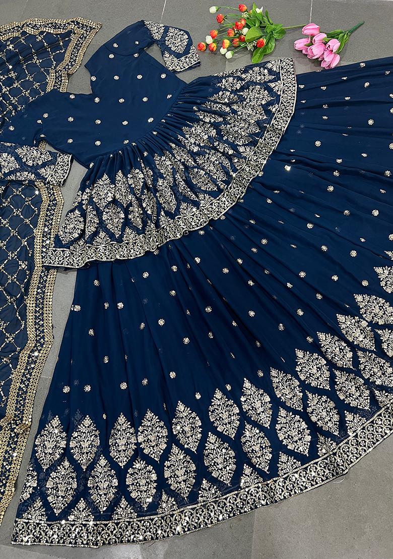 Blue Embroidery Georgette Lehenga Set - Indya