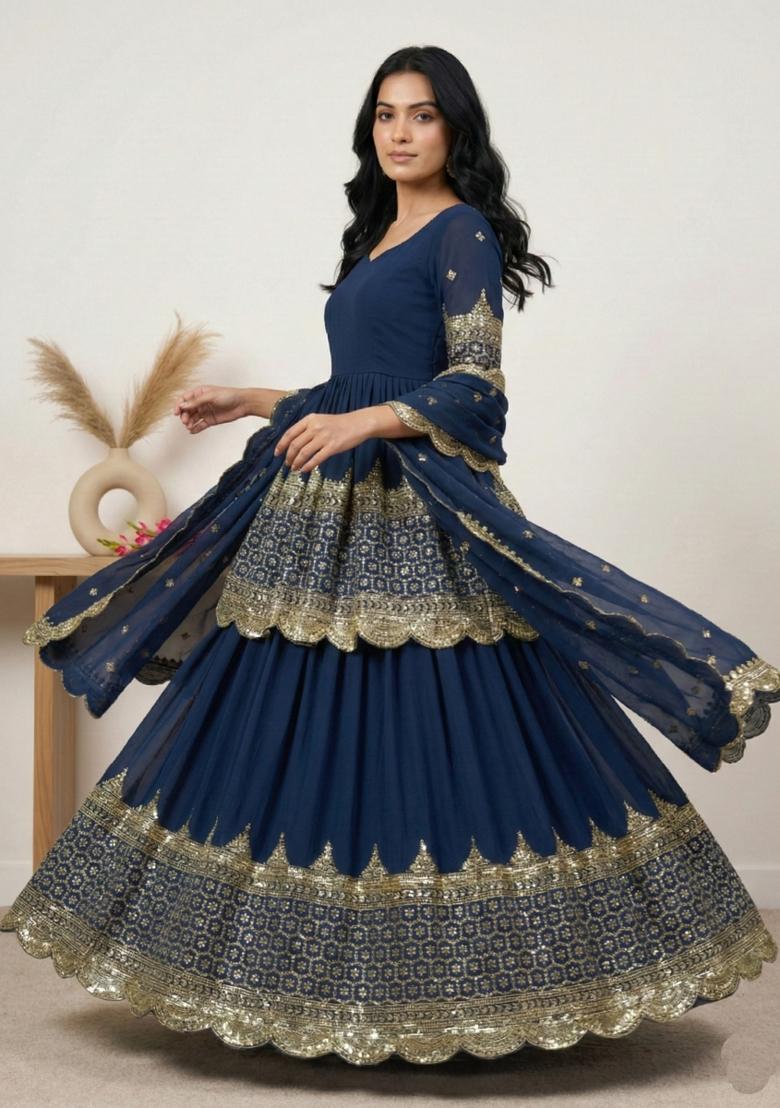 Blue Embroidery Georgette Lehenga Set - Indya