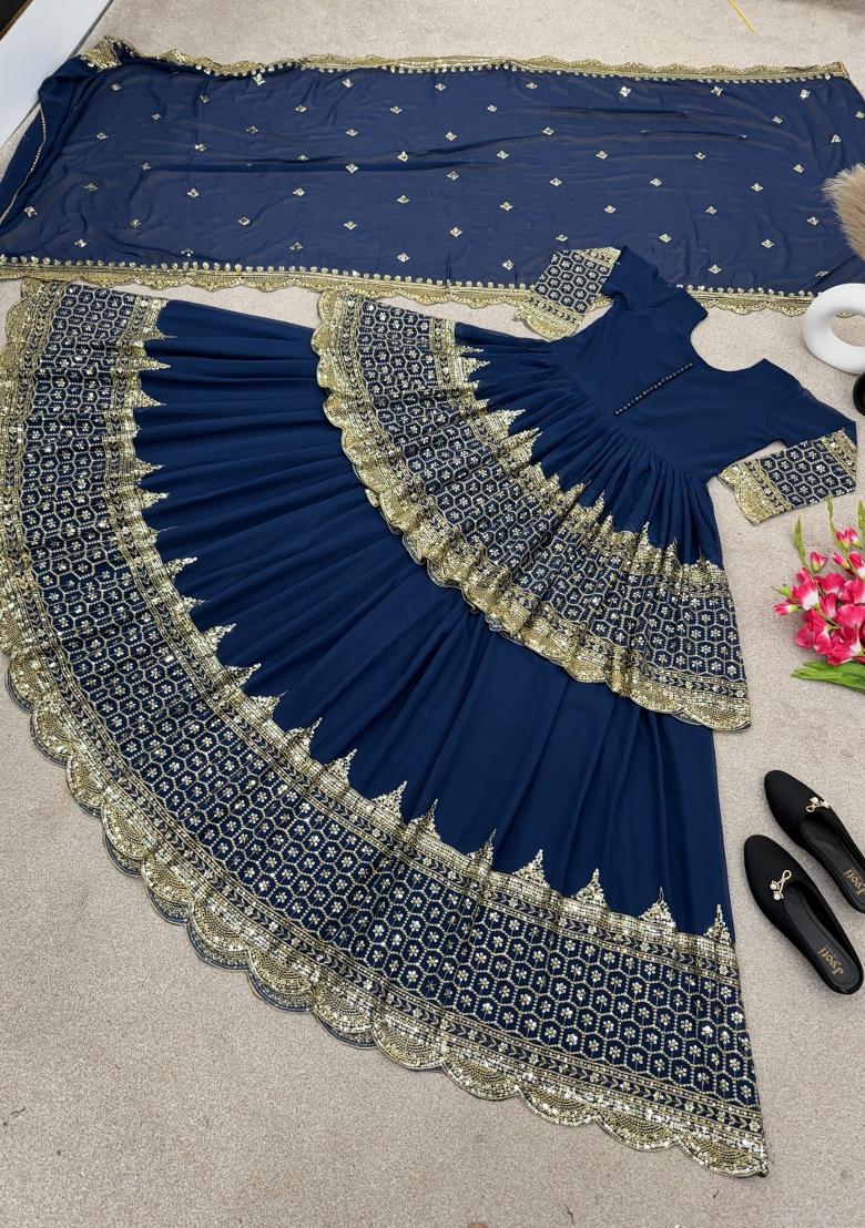 Blue Embroidery Georgette Lehenga Set - Indya