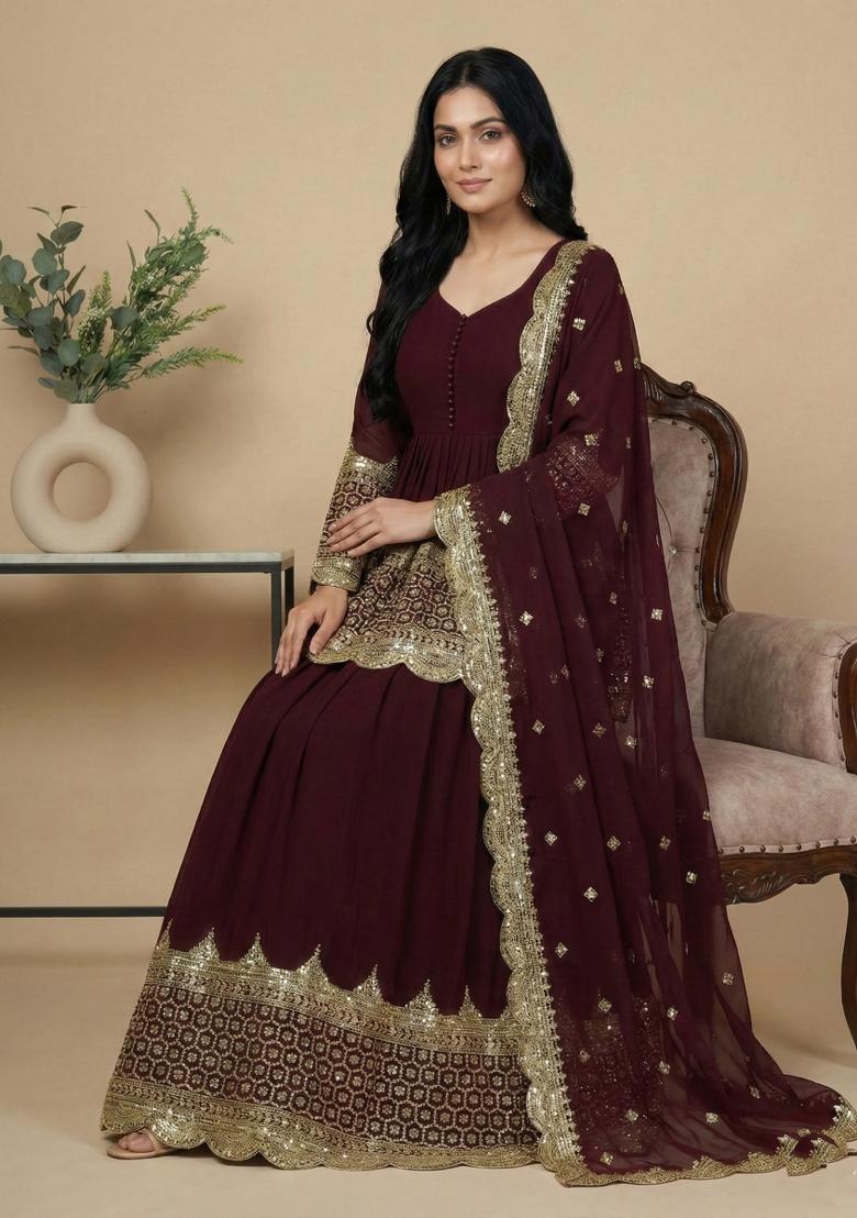 Maroon Embroidery Georgette Lehenga Set - Indya