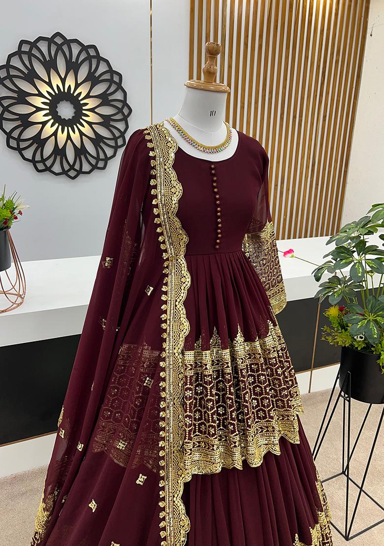 Maroon Embroidery Georgette Lehenga Set - Indya