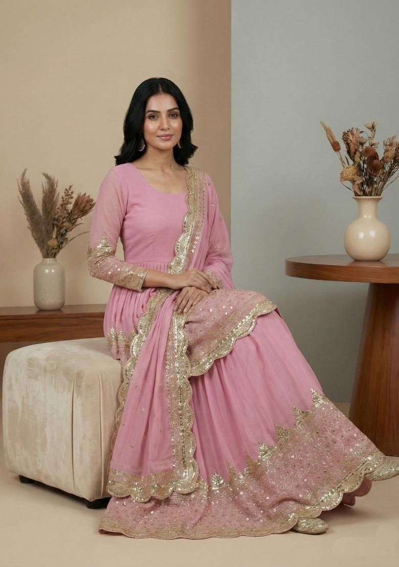 Pink Embroidery Georgette Lehenga Set - Indya