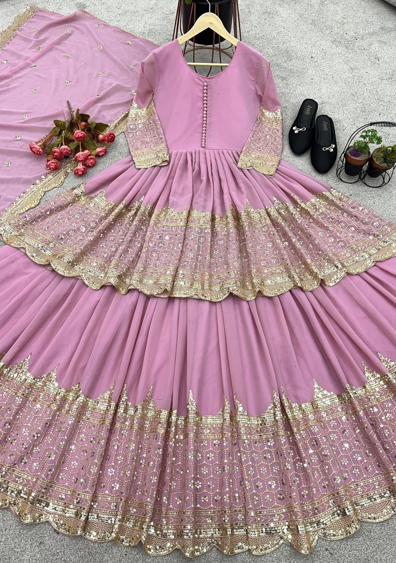 Pink Embroidery Georgette Lehenga Set - Indya