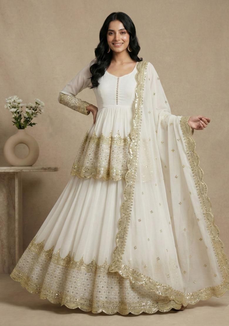 White Embroidery Georgette Lehenga Set - Indya