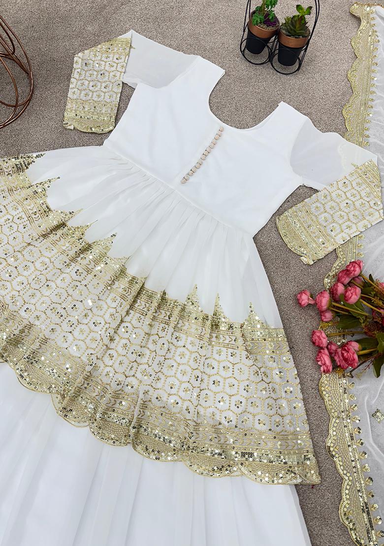 White Embroidery Georgette Lehenga Set - Indya
