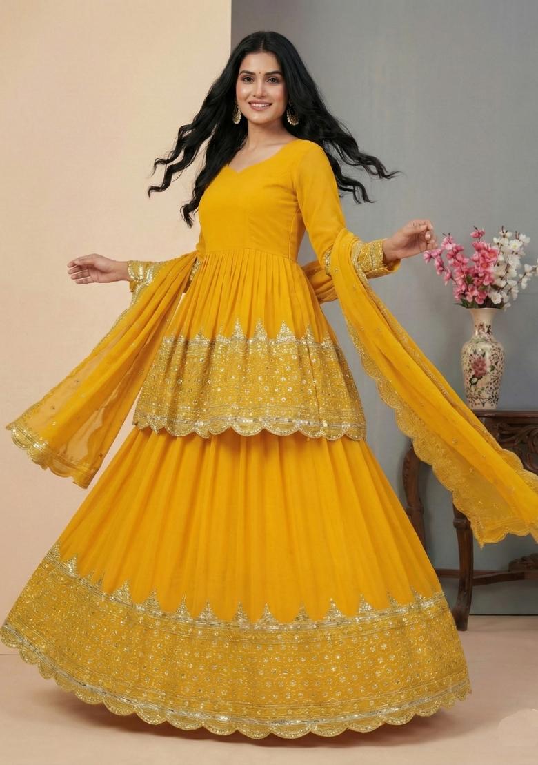 Yellow Embroidery Georgette Lehenga Set - Indya