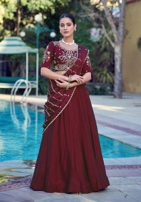 Maroon Embroidery Silk Lehenga Set