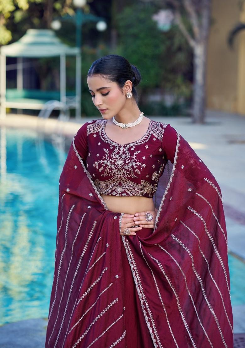 Maroon Embroidery Silk Lehenga Set - Indya