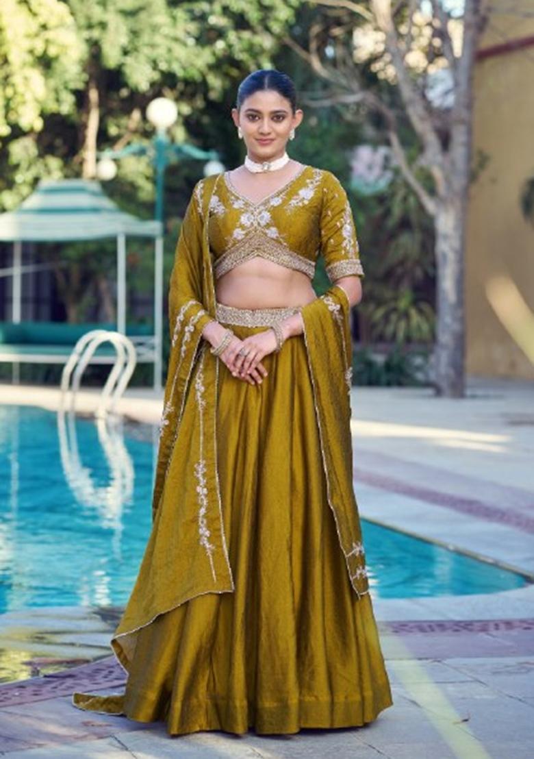 Mustard Embroidery Silk Lehenga Set - Indya