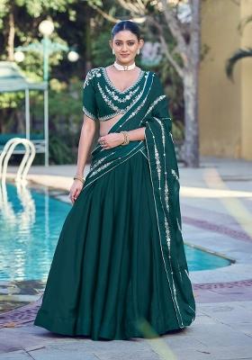 Teal Green Embroidery Silk Lehenga Set