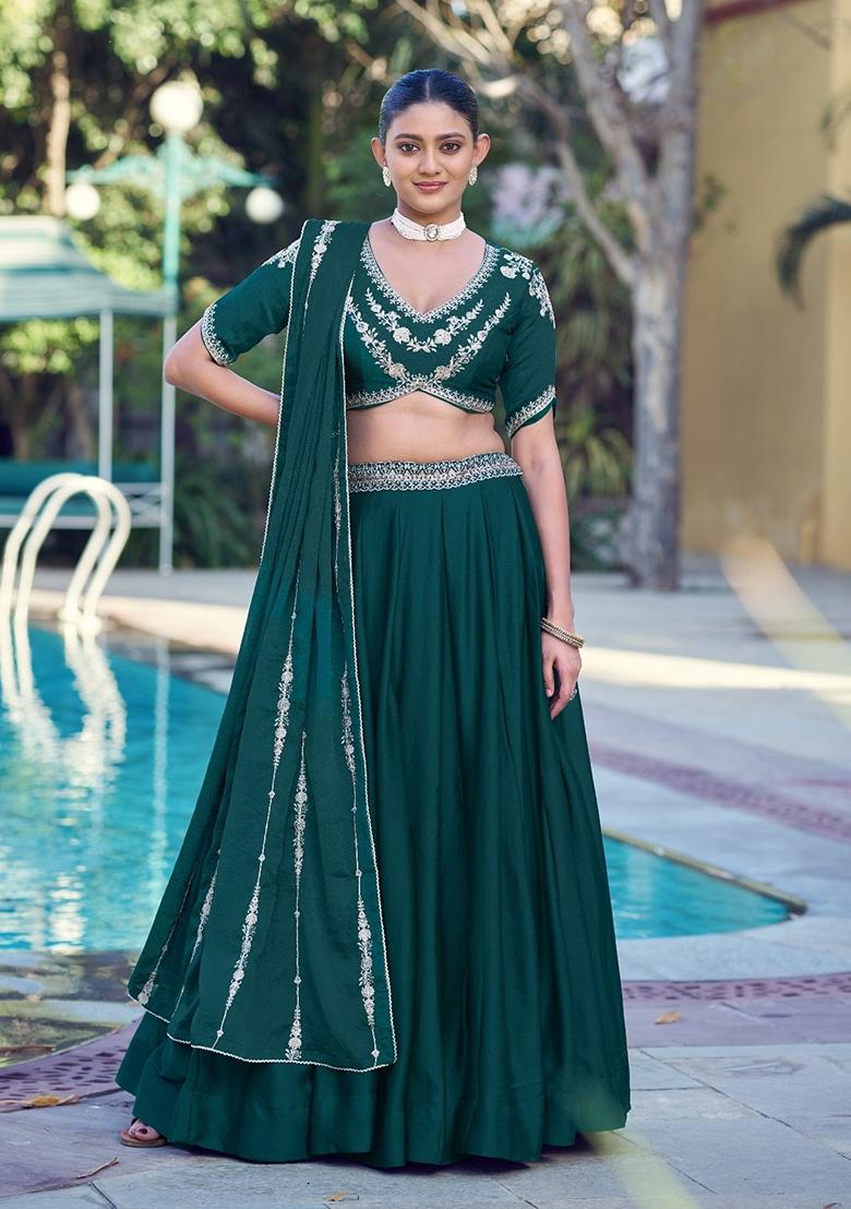 Teal Green Embroidery Silk Lehenga Set - Indya