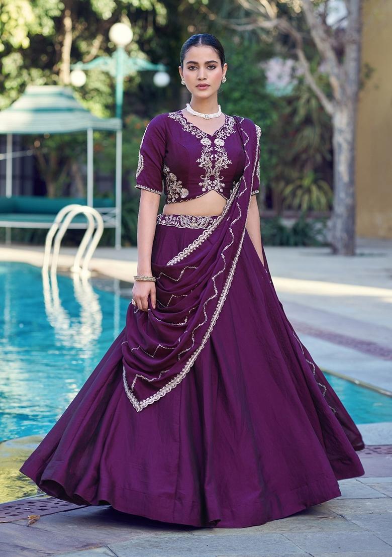 Purple Embroidery Silk Lehenga Set - Indya