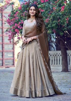 Cream Weaving Work Chinon Lehenga Set