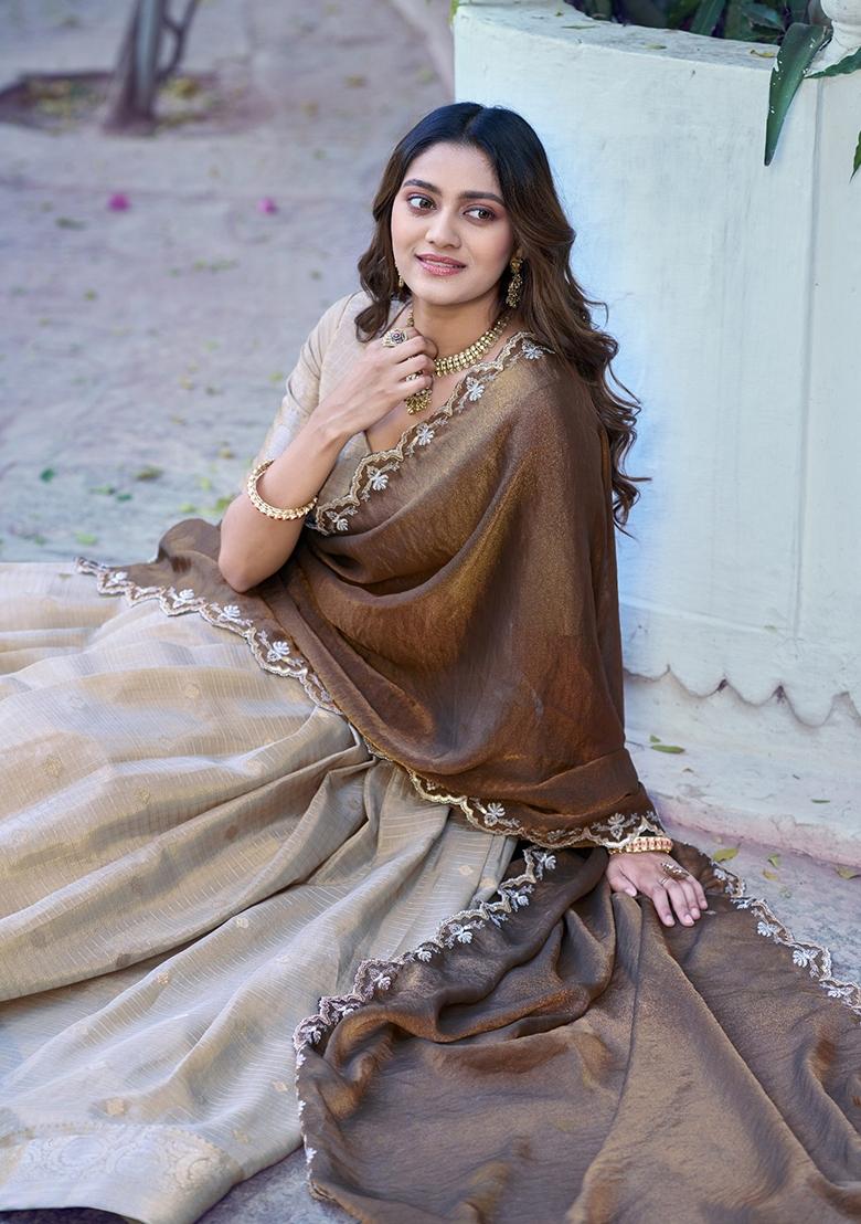 Cream Weaving Work Chinon Lehenga Set - Indya