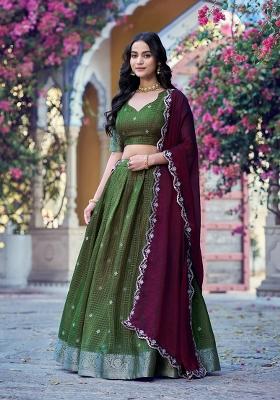 Mehendi Green Weaving Work Chinon Lehenga Set