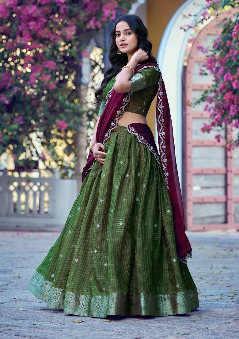 Mehendi Green Weaving Work Chinon Lehenga Set - Indya