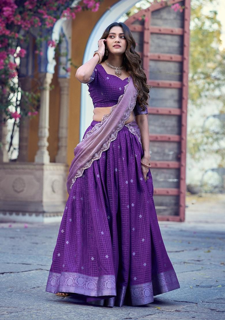 Purple Weaving Work Chinon Lehenga Set - Indya