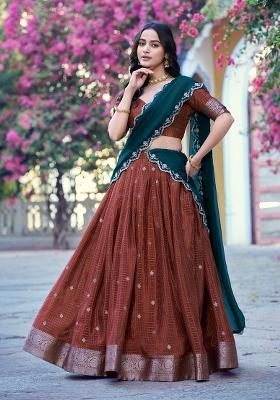 Rust Weaving Work Chinon Lehenga Set