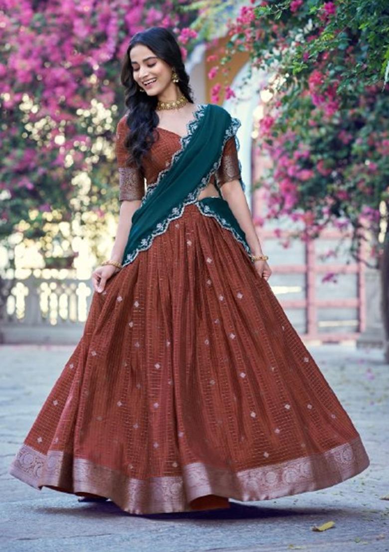 Rust Weaving Work Chinon Lehenga Set - Indya