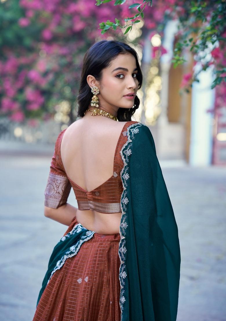Rust Weaving Work Chinon Lehenga Set - Indya